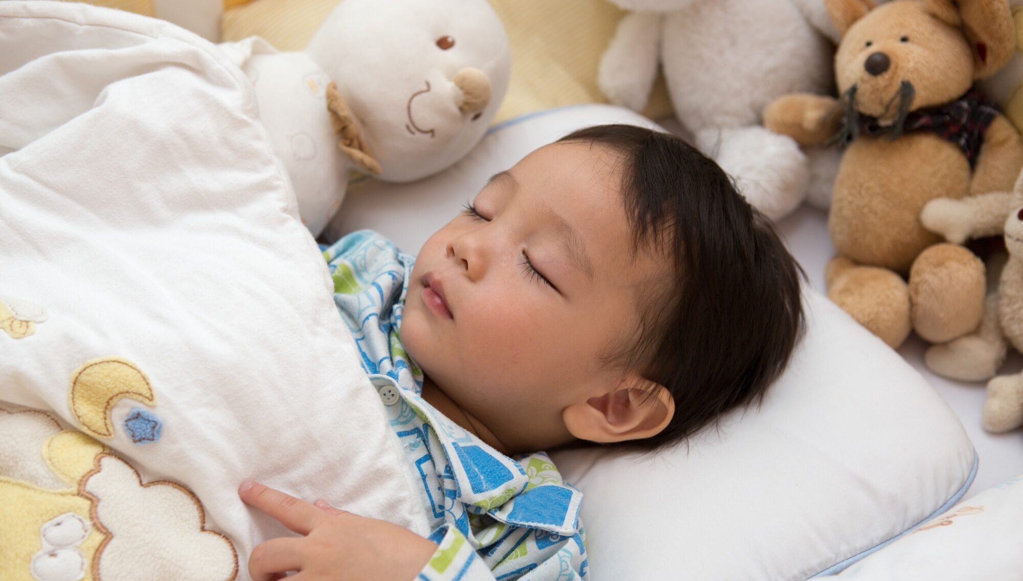 Boy sleeping and the bed decorated with bear and mouse doll.